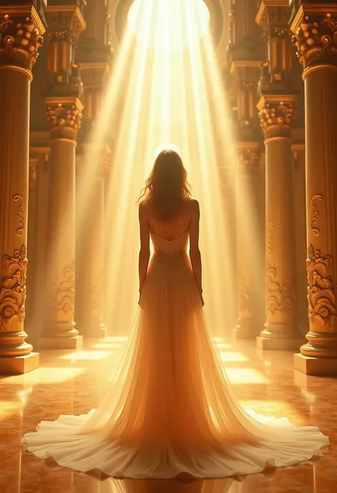 A beautiful Instagram model with long white hair and green eyes stands at the center of a golden temple, sun rays bursting through the open ceiling. Her sheer gown flows like liquid fire, her presence commanding worship.