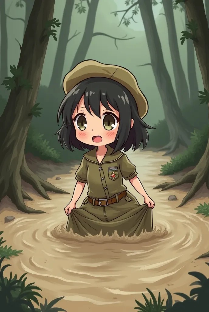 Girls Khaki uniforms  Berets Blouse,  Billowing, Sinking  Multi Depths  Ankles ,Knees, Waist ,Chest  going under, deep engulfing Quicksand mire muck  mud! Fine Sand Undulating , struggling Chibi, Kawaii, Surprised   Scared  Trapped, Sinking, Danger Peril D...