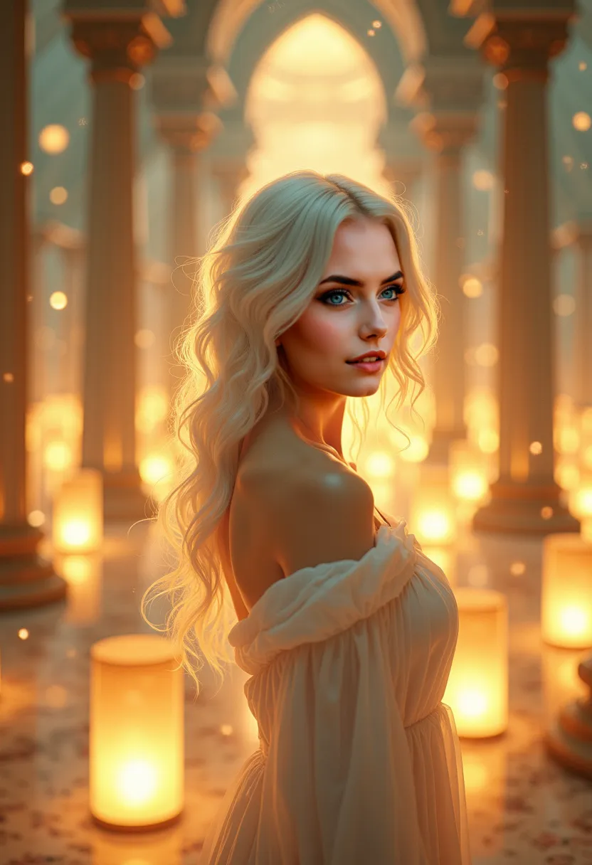 A beautiful Instagram model with long white hair and green eyes stands in a glass palace at sunrise, surrounded by a sea of floating golden lanterns. She tilts her head slightly, as if listening to a secret only she can hear.