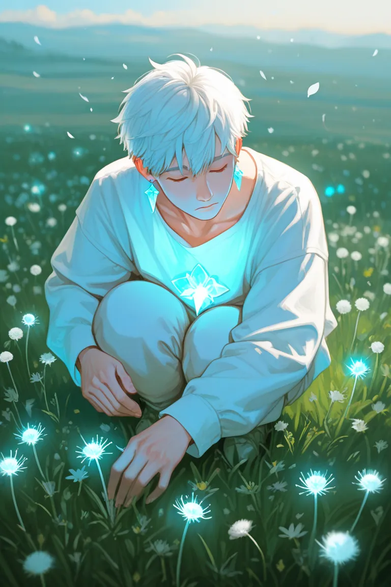  13years old boy with blue eyes, sleeping squat in a field felld with white dandelion flowers, with white short hair and wearing white selves shirt, and tiny crystal earrings, some few tiny dandelion petals flying around, sketchy, dream aesthetic, glowing ...