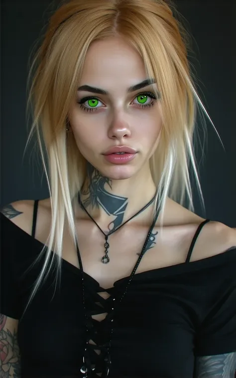 Gothic woman with blond hair green eyes, a black top, with tattoos,  realistic art style ,  portrait of Rossdraws , portrait of art germ,  realistic art style , realistic digital art 4k, realistic digital art 4k, german art bokeh 8k,  DeviantArt Artstation...