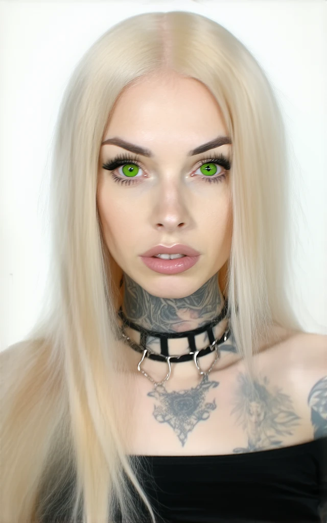 Gothic woman with blond hair green eyes, a black top, with tattoos,  realistic art style ,  portrait of Rossdraws , portrait of art germ,  realistic art style , realistic digital art 4k, realistic digital art 4k, german art bokeh 8k,  DeviantArt Artstation...