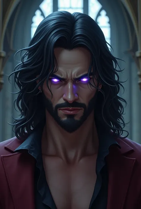 A powerful and mysterious male character with long, wavy black hair and a well-defined beard. His piercing eyes glow with an intense, radiant purple light, exuding an aura of mystical power. He wears a dark open shirt beneath a deep red tailored jacket, re...