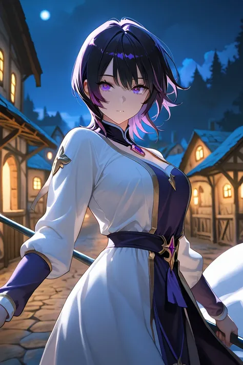 beautiful girl, wolf cut hair, attractive, top quality, masterpiece, curious face, purple eyes, priestess outfit, village background, cinematic shot, dark ambience, night time, dynamic pose, mysterious, holding a staff