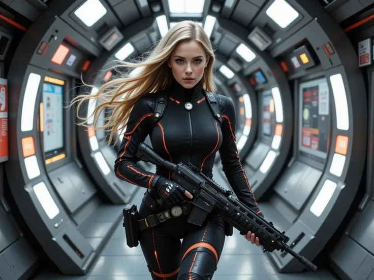 Masterpiece, best quality, highly detailed, a beautiful blonde woman with long, (big breasts:1.3) flowing hair in a sleek black nano carbon and orange neon lines futuristic costume with a blaster gun, running through a metallic spaceship corridor with flas...