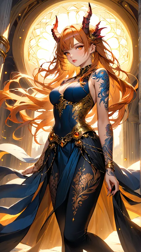 A curvy knight girl，with dragon horns and orange eyes，hair hanging down to the sun，tattooed on arm，Waist trim，wearing a skirt and leggings，is depicted in detail in a beautiful oil painting。