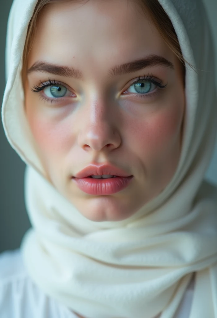 beautiful girl, smooth skin, White , hijab,  blue eyes, شفاه  breasts ة ولامعة,  Big lips,   thick lips ,  light pink lip gloss  , وجه  breasts , جسم  breasts , President,  breasts ,  butt,  breasts ة, Her head is covered, innocent look, The face of a girl...