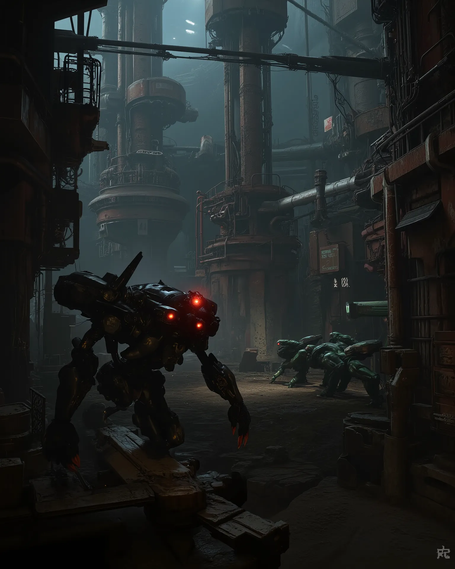 A dark looking machinery room with robots on duty