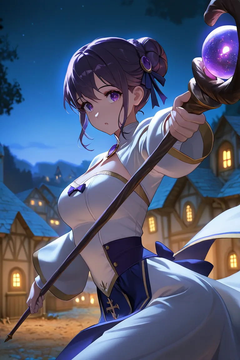 beautiful girl, bow bun hairstyle, attractive, top quality, masterpiece, curious face, purple eyes, priestess outfit, village background, cinematic shot, dark ambience, night time, dynamic pose, mysterious, holding a staff