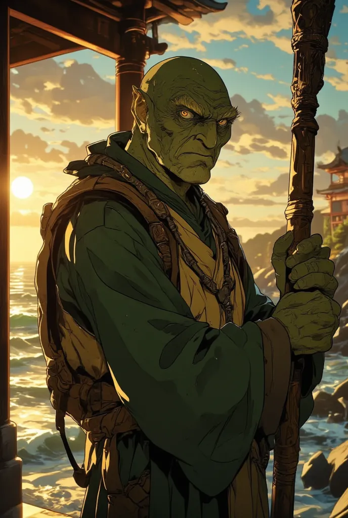 A wise anime-style portrait of a Tortle sage with a deeply wrinkled face, earthy green shell, and kind golden eyes. He wears simple monk-like robes with beads around his neck. His hands are clasped over a wooden staff with ancient carvings. The background ...