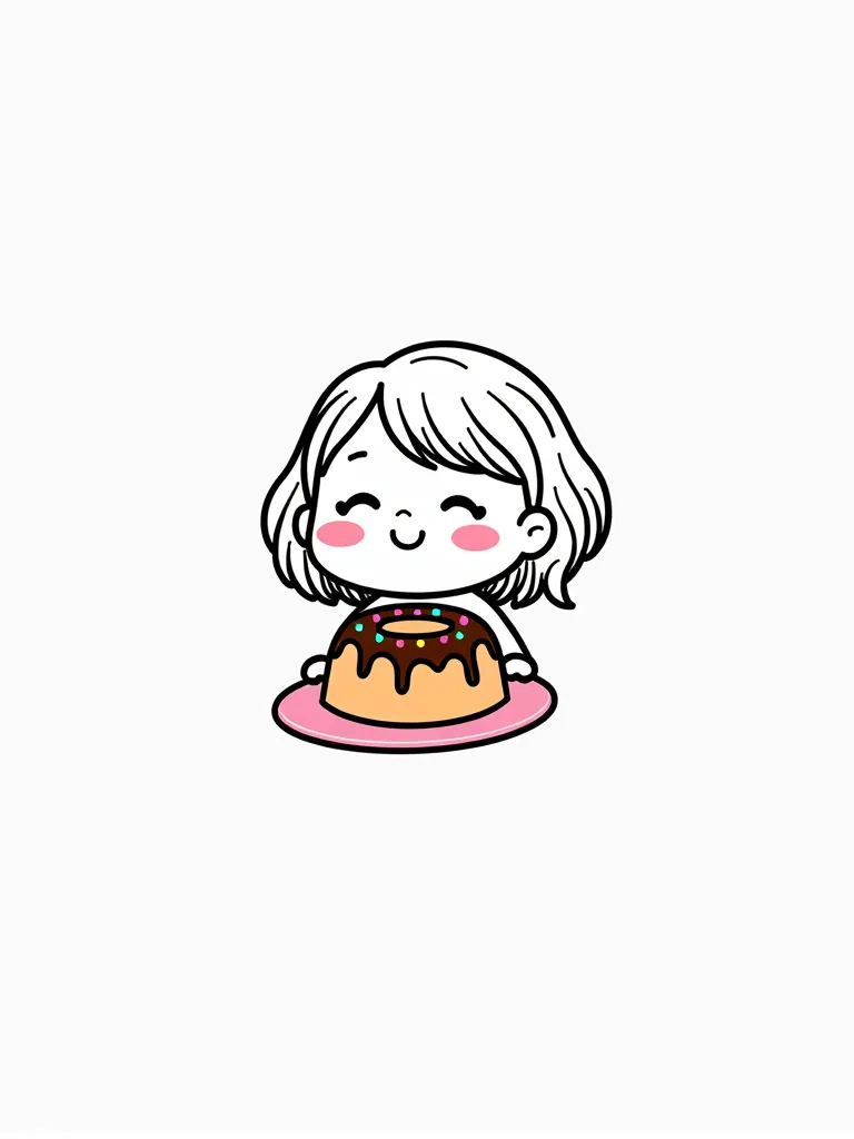 Minimalist and cute design of a character holding a pink plate with a bundt cake. The line is simple , in black, with delicate details such as flushed cheeks and subtle expressions. The character has wavy hair, and looks happy. The cake has a chocolate sau...