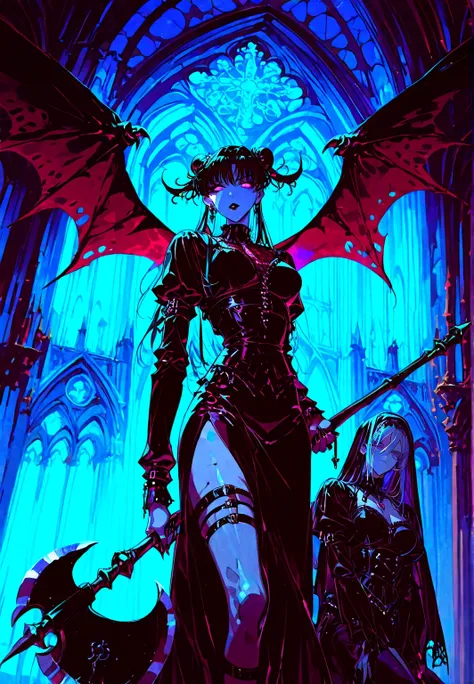 Chica gárgola, goth make-up, piel rocosa gris,  senos promedio, standing in one leg en la cumbre de iglesia, holding an axe. Background: CATHEDRAL,  Dark atmosphere, violet light, man behind her