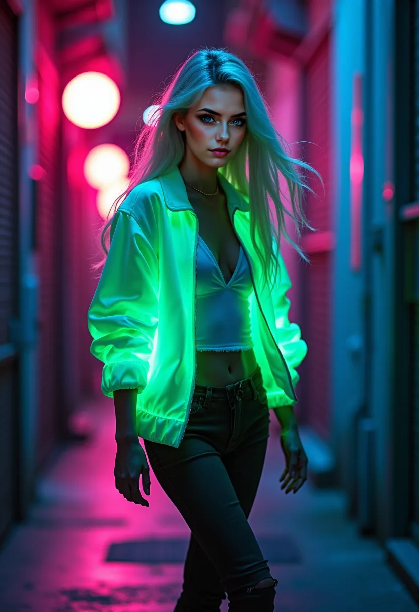 A beautiful Instagram model with long white hair and green eyes is walking through a dark alley, her oversized neon jacket glowing in shades of green and violet. She turns to the camera, her confidence cutting through the night.