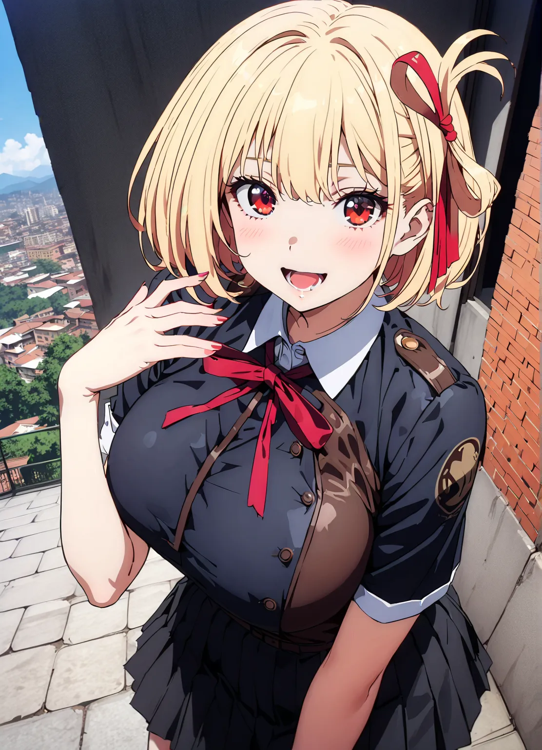 Nishiki Shiho , Nishiki Castle Senri,  short hair, bangs, blond hair, red eyes,  hair ribbon,  One Side Up, bob cut,Big Breasts, Chest Valley, gal,smile,blush,opens her mouth,  collared shirt,Short sleeve,school bag ,  Black Mini Pleated Skirt  ,  loose so...