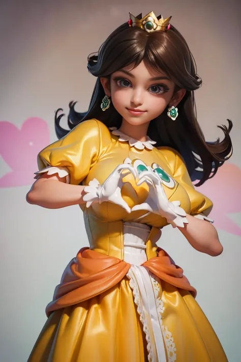 ((masterpiece,best quality,ultra-delicate,Perfect Face,detailed eyes,16k,high resolution,very beautiful girl)), princess daisy, yellow princess long skirt dress, white gloves, brown hair,large breasts,,smile,energetic,many flower garden,heart hands