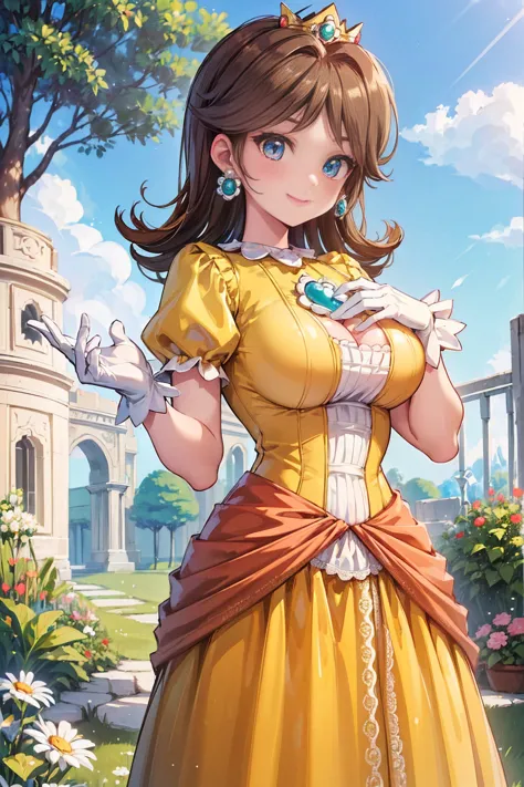 ((masterpiece,best quality,ultra-delicate,Perfect Face,detailed eyes,16k,high resolution,very beautiful girl)), princess daisy, yellow princess long skirt dress, white gloves, brown hair,large breasts,,smile,energetic,many flower garden,heart hands