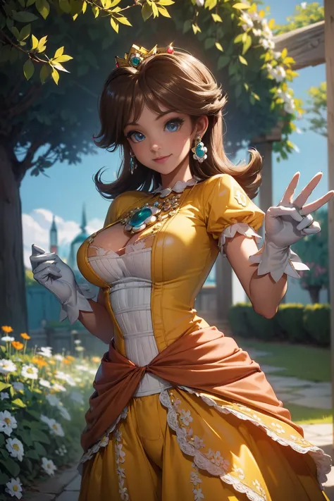 ((masterpiece,best quality,ultra-delicate,Perfect Face,detailed eyes,16k,high resolution,very beautiful girl)), princess daisy, yellow princess long skirt dress, white gloves, brown hair,large breasts,,smile,energetic,many flower garden,heart hands