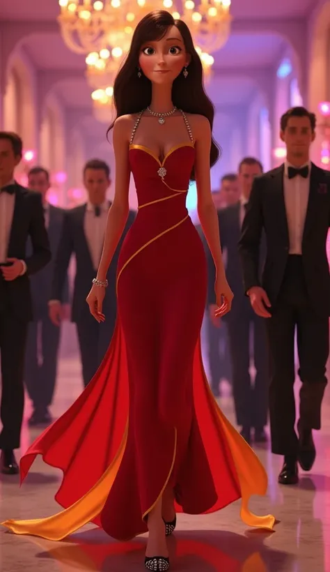 Helen with smooth brown hair from the Disney movie The Incredibles parades with graceful and confident steps through a party room, with colorful lights and soft music in the background. Her slim figure is wrapped in a long dress in red satin with yellow de...