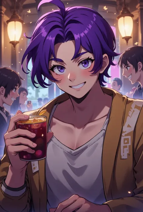 Young man around 20 years old, purple hair, drink in hand. Smiling and having fun. Boy-ish attitude. Based on Dyonisus.