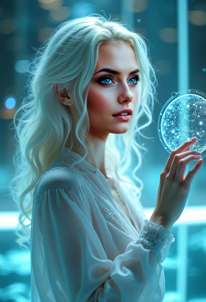 A beautiful Instagram model with long white hair and green eyes is inside a futuristic glass palace, surrounded by floating holograms of ancient constellations. She touches a glowing star map, her face illuminated by its soft blue light