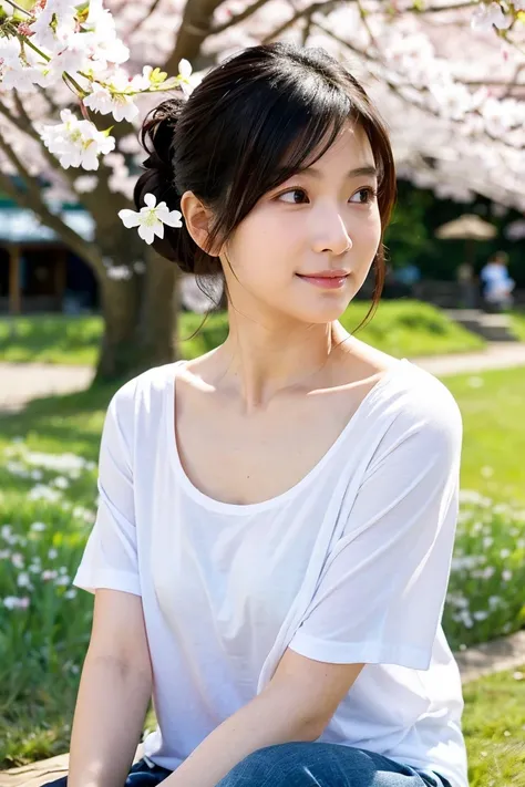 「A 35 year old cute Japanese woman。has dark hair up to her shoulders blowing in the wind、Has a slightly sexy expression on her face。She has small breasts、Wears a white T-shirt and miniskirt casually。At the spring park、She sits under cherry blossoms in full...