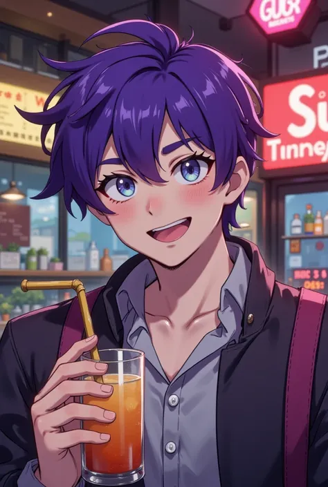 Young man around 25-30 years old, purple hair, drink in hand. Smiling and having fun. Boy-ish attitude.