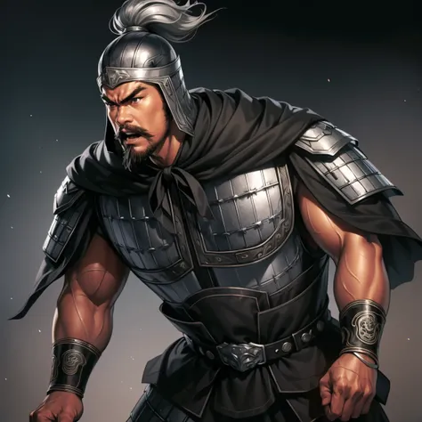 (  image up to thighs), (  top quality 4k  ), ( ancient China ), (Short matted hair ), ((black hood)), ( silver armor), (gray costume), (Tall : 1.2), ( strong physique ), perfect hands, A man with a barbaric and harsh impression, (Open your mouth), Action,...