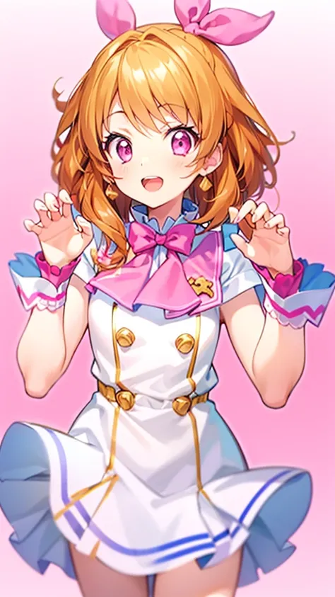 orange hair,pink eye， pink ribbon，Light　Oozora　，white background,Claw Pose,cute,Open your mouth slightly, double teeth,