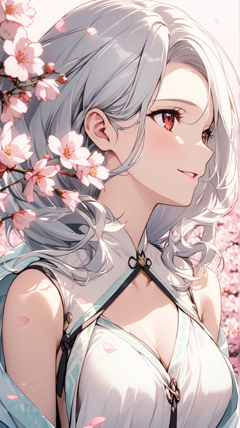 （Highest quality)、beautiful woman under hoodie（ red eyes）cute要素。beautiful woman under hoodieの顔、Shy expression、 Silver Hair、 Red、smile（ closes one eye、Looking up）、 Superb Woman 、cute巫女姿の少女、 surrounded by beautiful petals、 One Eye Covered with Hair 、One pers...