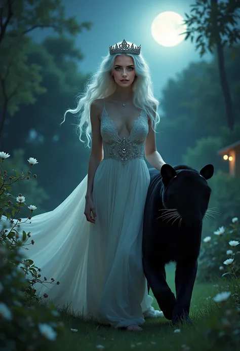 A beautiful Instagram model with long white hair and green eyes is in a moonlit garden, wearing an intricate silver crown. A black panther walks beside her, its glowing blue eyes matching the stars overhead.