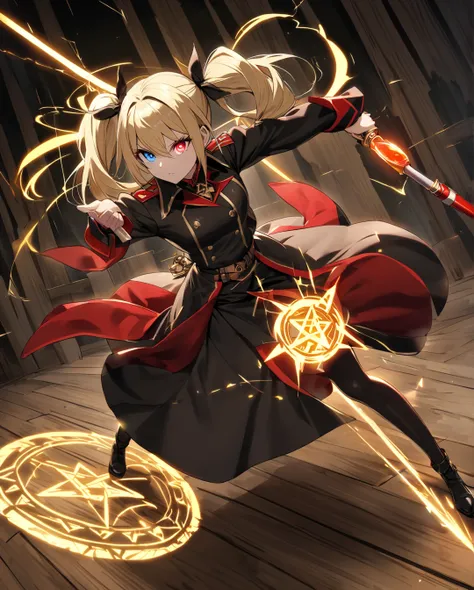 "A dynamic anime girl with long blonde hair tied into twin tails with black ribbons, wearing a stylish military-style uniform with a black and red color scheme. She has striking heterochromatic eyes—one purple and one blue—giving her a unique and mysteriou...