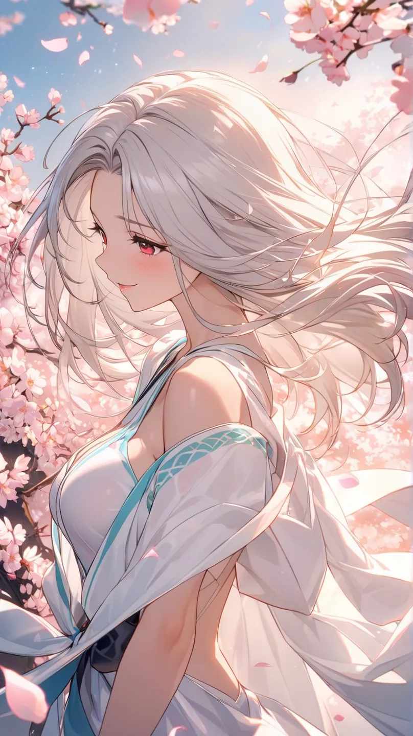 （Highest quality)、beautiful woman under hoodie（ red eyes）cute要素。beautiful woman under hoodieの顔、Shy expression、 Silver Hair、 Red、smile（ closes one eye、Looking up）、 Superb Woman 、cute巫女姿の少女、 surrounded by beautiful petals、 One Eye Covered with Hair 、One pers...