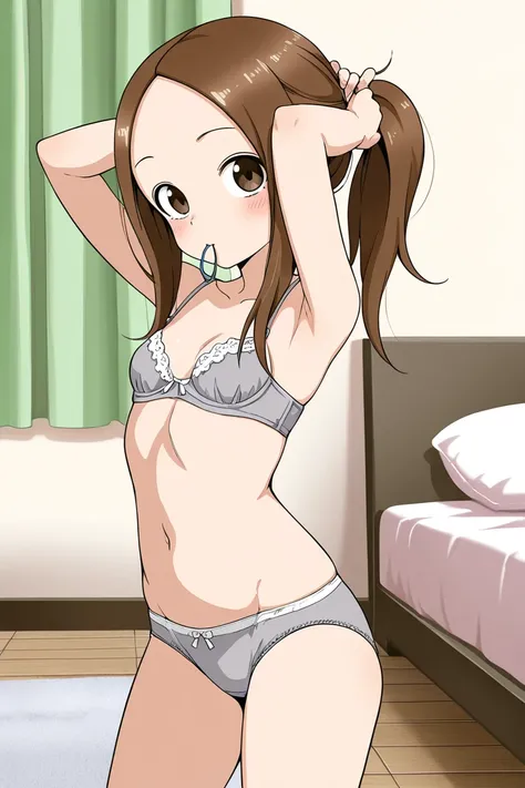 high resolution picture, masterpiece, best quality, amazing quality, official art, solo, 1girl,  Takagi-san from  Karakai Jouzu no Takagi-san, 1girl, aatakagi, solo, long hair, brown hair, parted bangs, collarbone,  small breasts                           ...