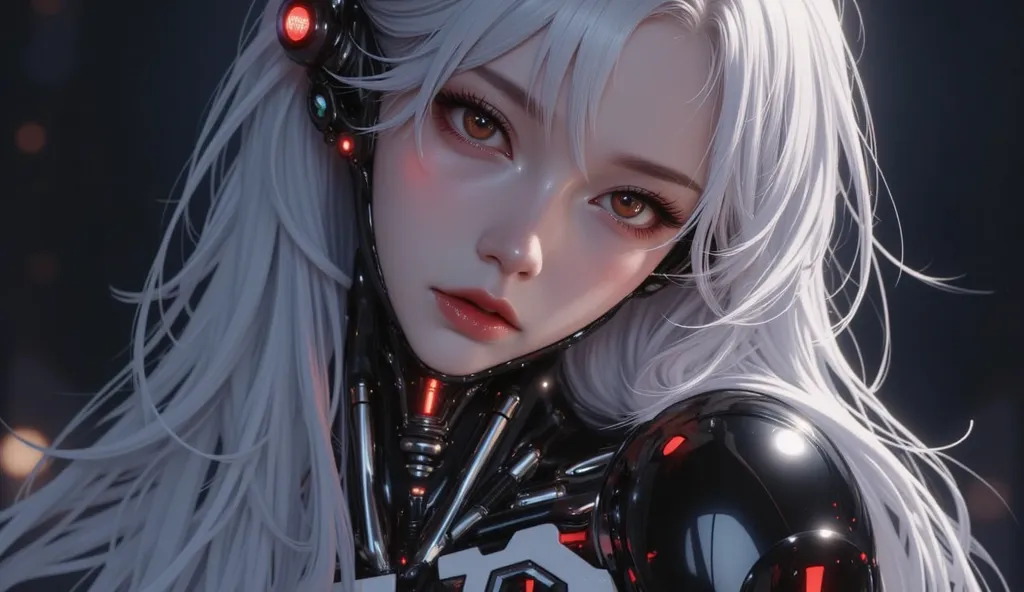 AI woman with matte black and white cyberbody, with red glowing details, very tall, with thick thighs, wide hips, long legs, and a slender waist. Dark red glowing eyes,Long flowing white hair a parting to either side. sad expression on face, No mechanical ...