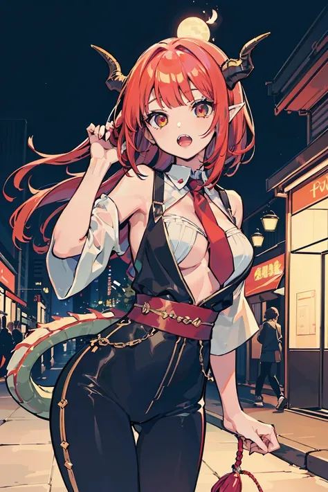 (1 girl), ( dragon girl ), ((Oriental dragon horns growing from her head)),  asymmetrical hairstyle , (Ultra High Quality),  masterpiece, cowboy shot, Dragon Eye , Crimson Hair, Mid cut, Tie the tips of the hair, Casual Scene, she wears trendy clothes,  mo...