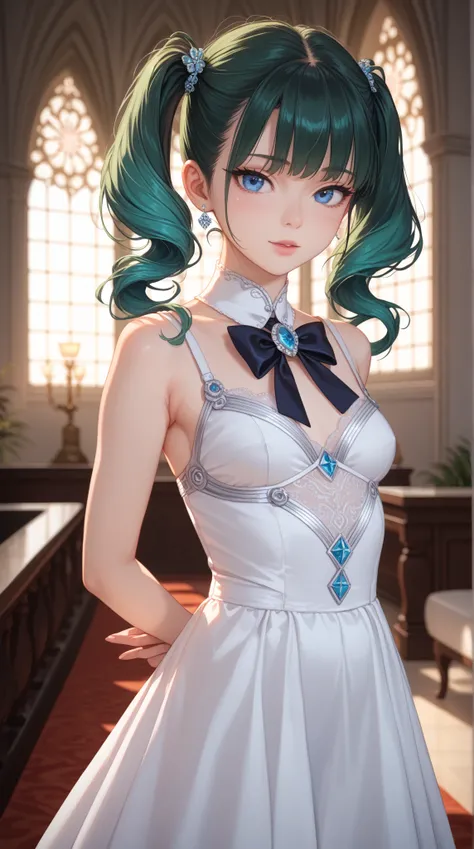 Purity,   dark green hair,   twintail , arms behind back,  white dress , black waist tie ,  Korean girl, blue eyes,