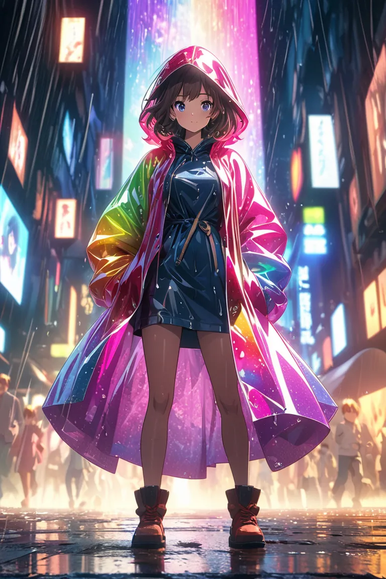 Hojo Tsukasa manga style，Anime girl standing in rain in raincoat, Rainbow color illustration, magically glowing, Shiny and colorful, hologram, By Yumi, anime art wallpaper 8k,, Anime Art Wallpaper 4k, anime art wallpaper 4k, girl in raincoat, Beautiful ani...