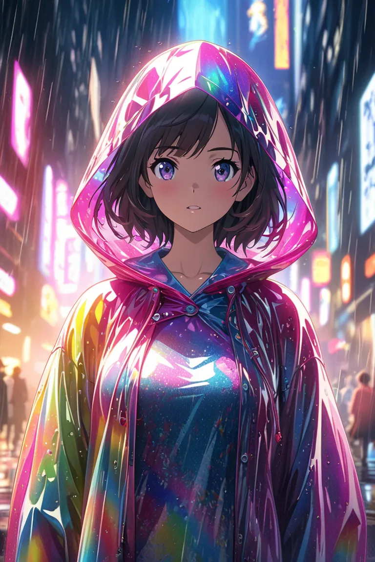 Hojo Tsukasa manga style，Anime girl standing in rain in raincoat, Rainbow color illustration, magically glowing, Shiny and colorful, hologram, By Yumi, anime art wallpaper 8k,, Anime Art Wallpaper 4k, anime art wallpaper 4k, girl in raincoat, Beautiful ani...