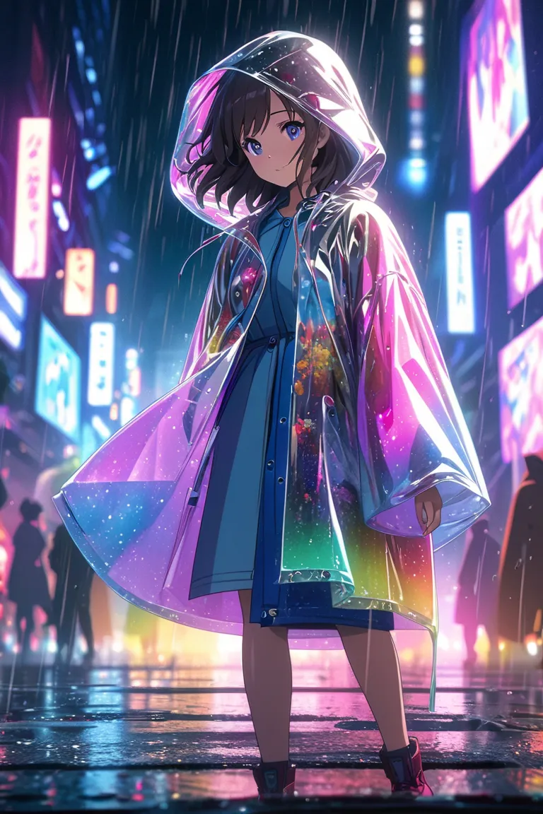 Hojo Tsukasa manga style，Anime girl standing in rain in raincoat, Rainbow color illustration, magically glowing, Shiny and colorful, hologram, By Yumi, anime art wallpaper 8k,, Anime Art Wallpaper 4k, anime art wallpaper 4k, girl in raincoat, Beautiful ani...