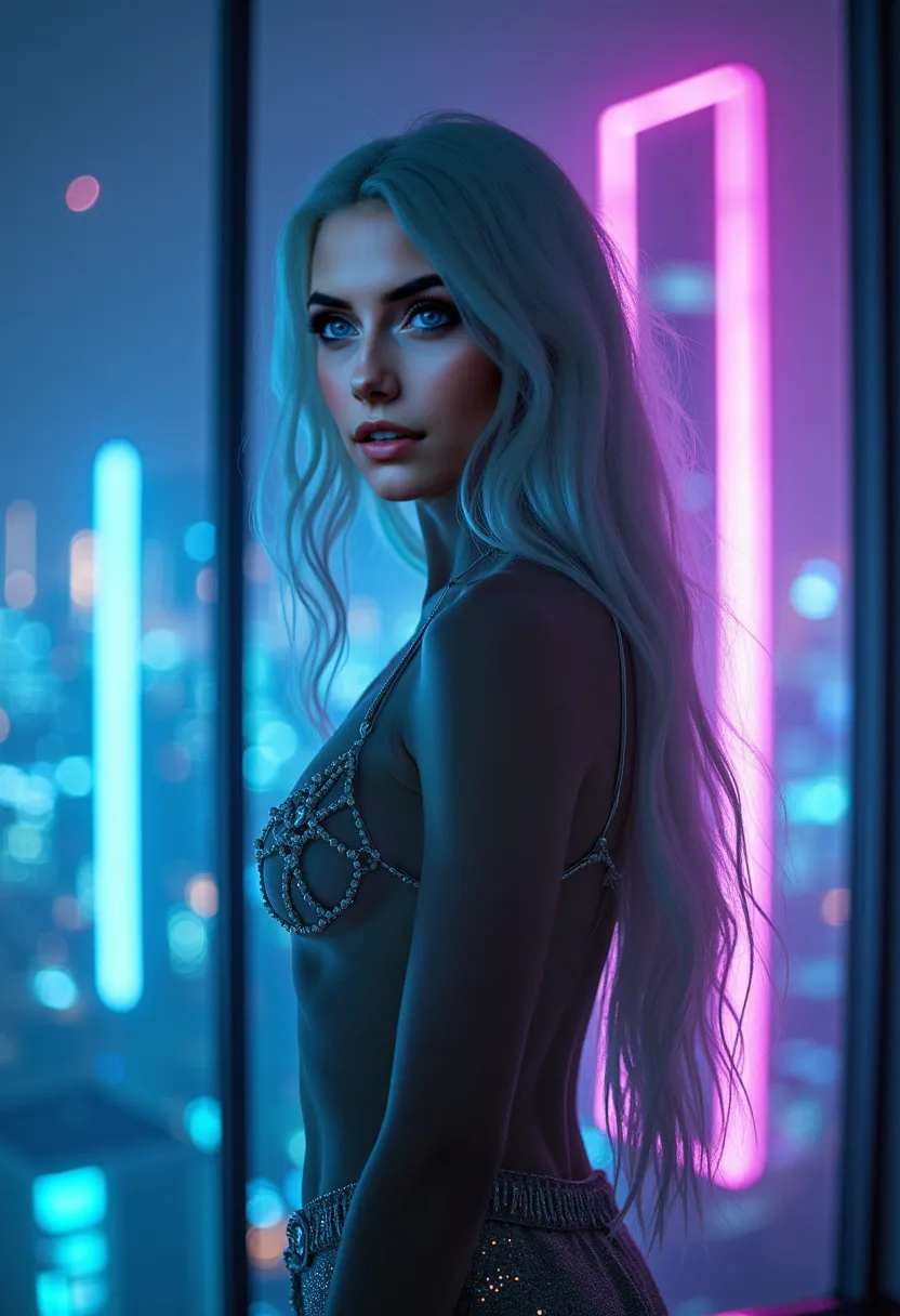 A beautiful Instagram model with long white hair and green eyes stands in front of a massive window overlooking a futuristic cityscape at night. Neon lights from the skyline paint her skin in electric blues and purples, her presence untouchable and radiant...