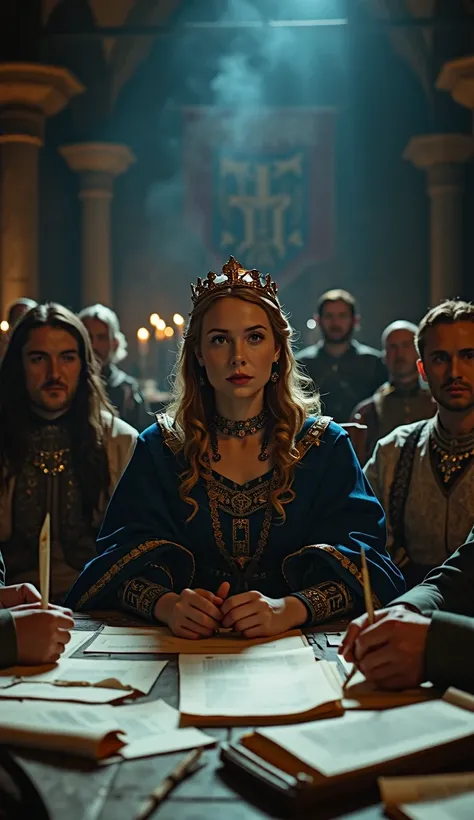 "A hyper-realistic and cinematic depiction of Eleanor of Aquitaine seated at a grand medieval war table, surrounded by royal advisors, military commanders, and diplomats, dictating strategy for the kingdom in the absence of King Richard. She wears a deep-b...