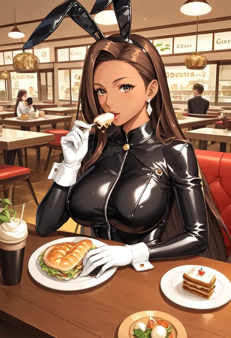 score_9, score_8, score_7, score_6,       source      _        animated, 1mature_FE,  a woman,  dark brown skin ,   flirty look,  dark brown hair,   very long hair,   brown eyes ,   black latex suit  , Cobata Blanca,  black rabbit ears,    white gloves, ca...