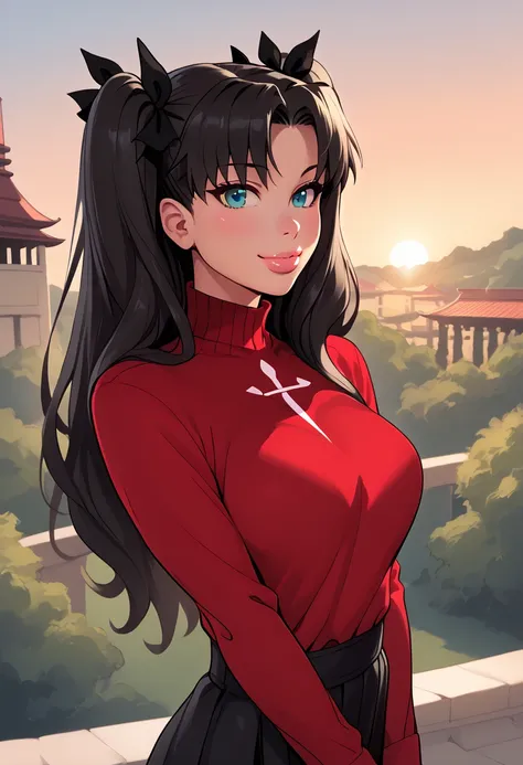 score_9, score_8_up, score_7_up, Western Comics, Portrait, Rin Tohsaka, cute, seductive, innocent, light smile:0.3, plump lips, slender body, aqua eyes, long wavy black hair, twin tails tied with black ribbons, red turtleneck, sunset, buddhist temple backg...