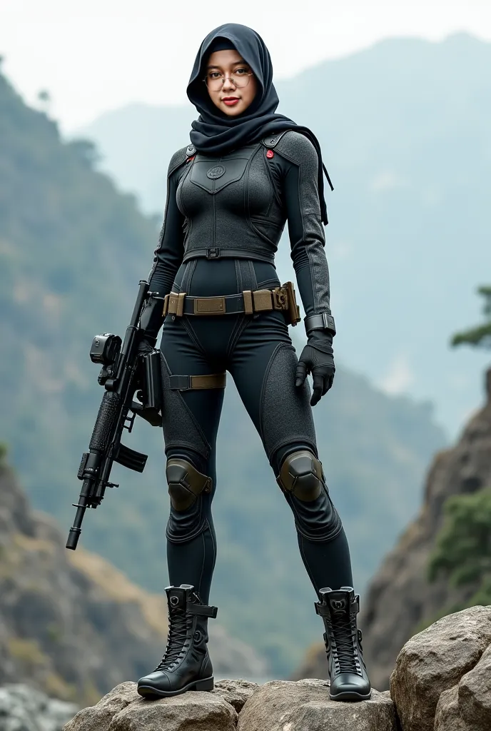 Beautifull japanese female with hijab ,wear scuba special force suit, turtleneck, standing hold gun, step on rock