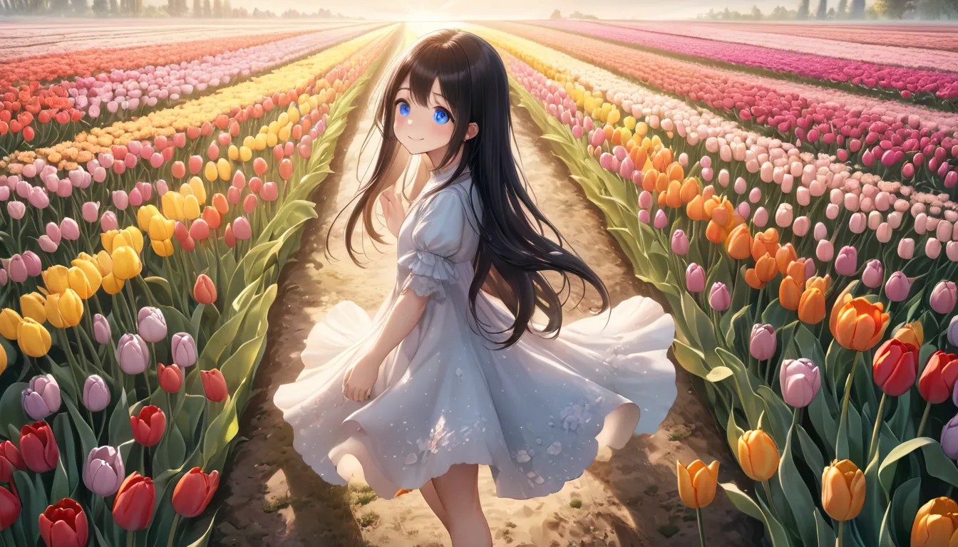 quality, (8k,Highly detailed CG unit wallpaper, masterpiece,High resolution,top-quality,top-quality real texture skin, surreal,Increase the resolution,highest quality,Very detailed,wallpaper),break、Walking through a Tulip field, long shot, beautiful light ...