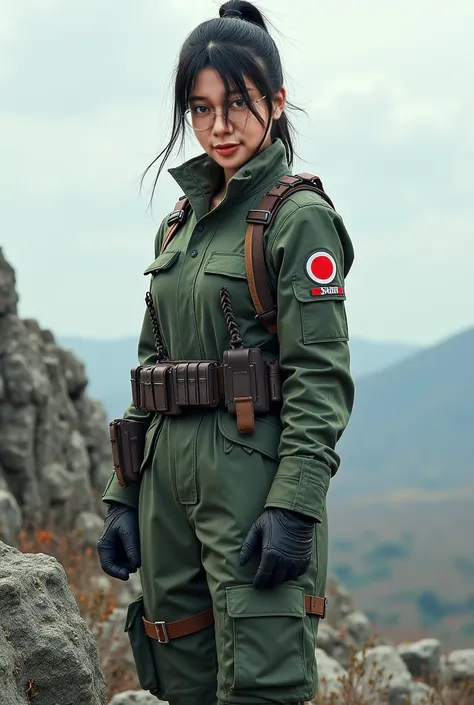 Realistic Beautifull japanese female with black ponytail hair, wear special soldier suit, standing on rock, facing front