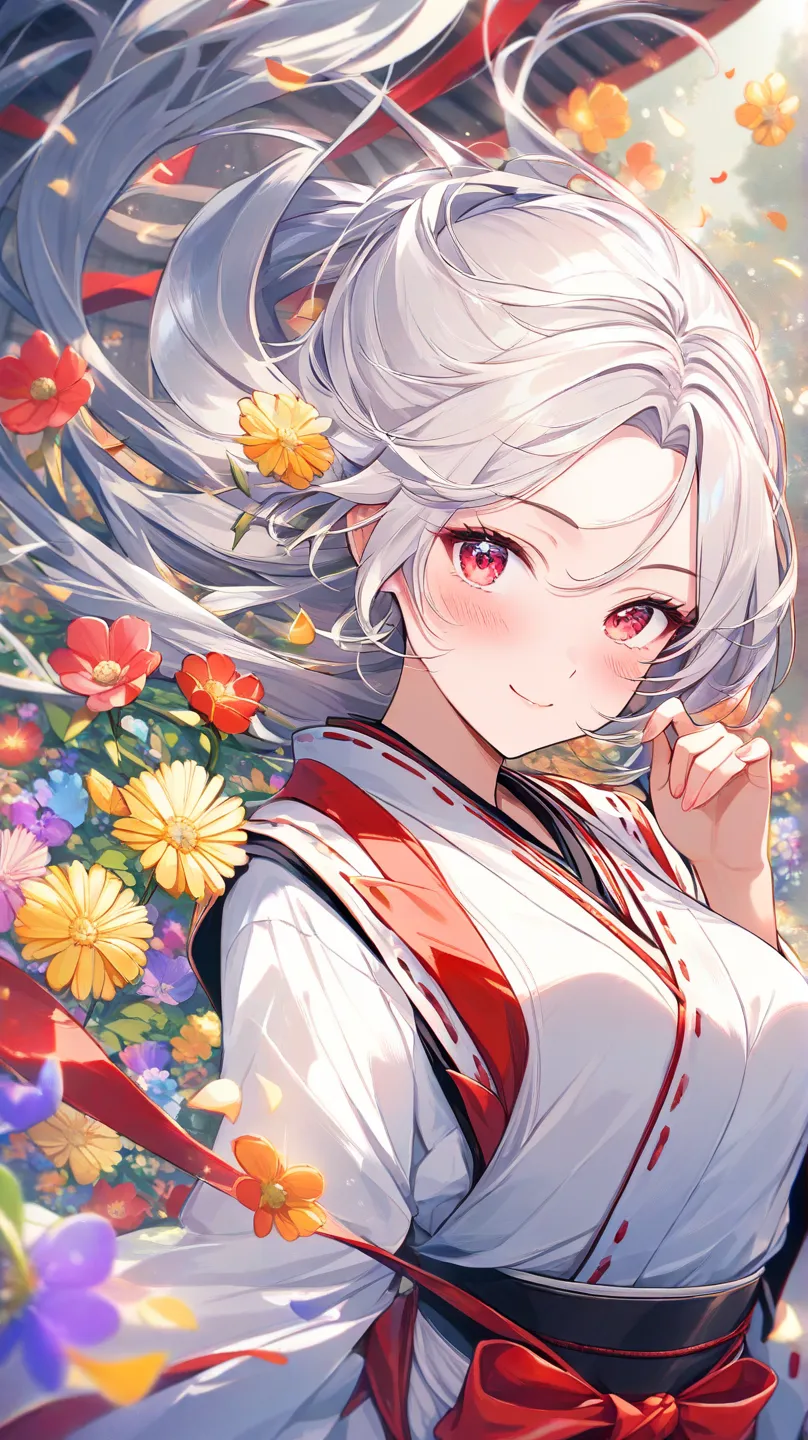  (masterpiece), ( Highest quality ), ( Very detailed、Thin),(),(illustration), ( 1 girl)  gently staring （Close one eye,   wink）Scarlet Eyes with Beautiful Details, 繊Thin美しさ,  Colorful flowers (Shine),  focus on your face, bangs,  Floating Flower,    flowin...