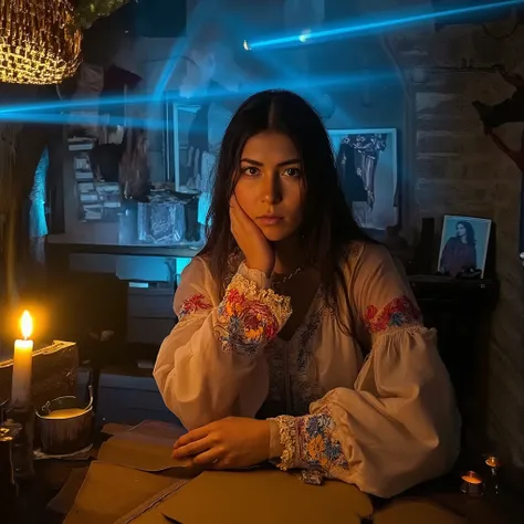 A professional photograph of a woman sitting at a rustic wooden table in a dimly lit, mystical room. She has long, straight black hair, warm brown skin, and deep, expressive eyes. She wears a traditional white dress adorned with intricate floral embroider...