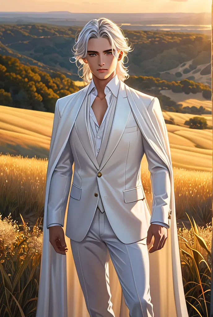 Young man with long white hair and gray eyes wearing a white cape suit 