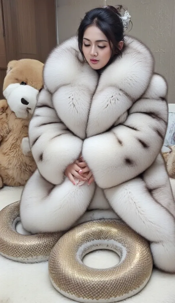   beautiful asian lady who is lamia, naga, snake queen is wearing a big fluffy fox fur coat with big fur collar,  surrounded by the huge plushie. She is sleeping at fur bed, her snake tail color is brown white and gold color, looking at her tail 